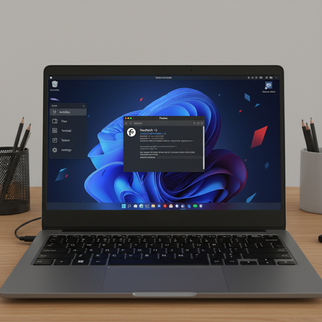 A laptop sits on a wooden desk displaying a desktop operating system with a dark theme and a blue abstract wallpaper.