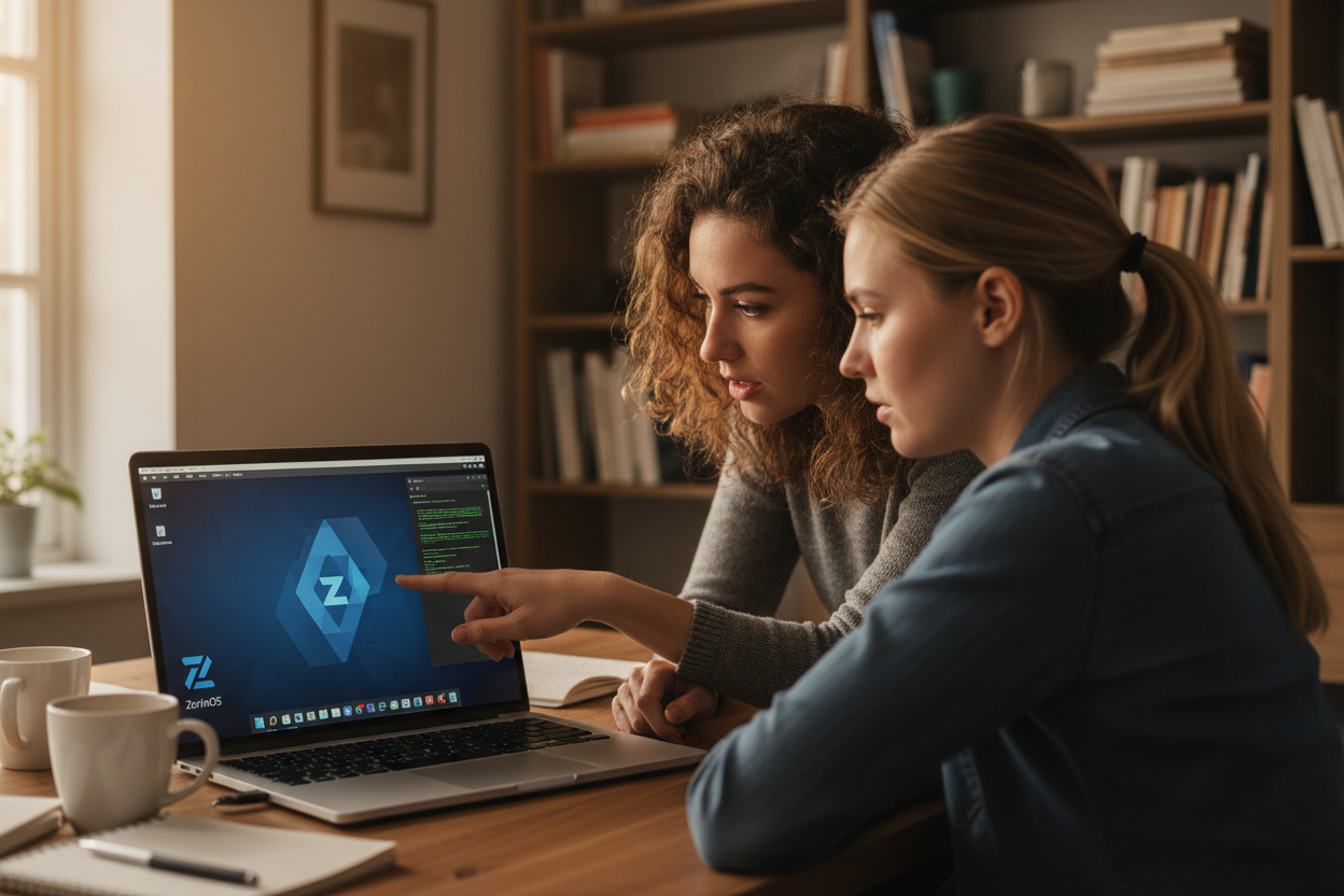 Two women sit at a desk looking at a laptop screen displaying the Zorin OS desktop interface.