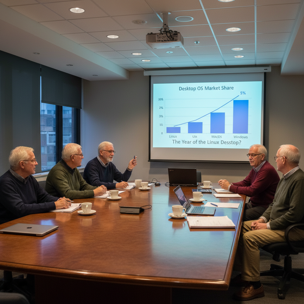 Five men sit around a conference table looking at a projection screen that displays a bar chart titled Desktop OS Market Share.