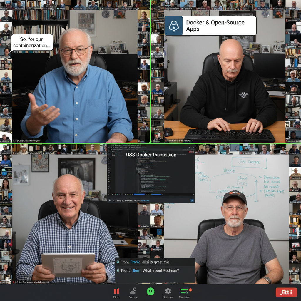 Four men participate in a video conference call discussing Docker and open-source applications with a shared screen showing code and a whiteboard diagram.