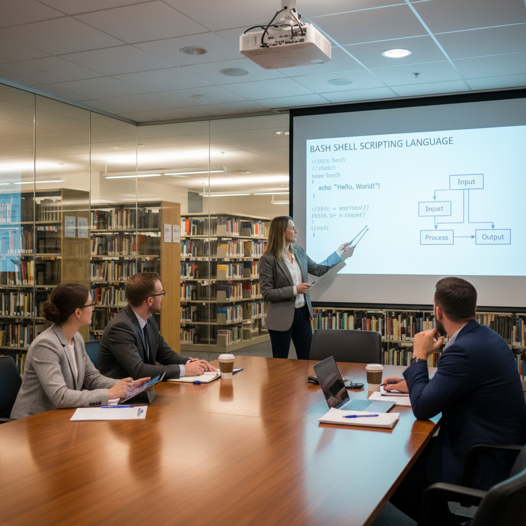 A woman in a blazer points to a projection screen displaying a Bash shell scripting diagram while presenting to a group of colleagues in a library conference room.