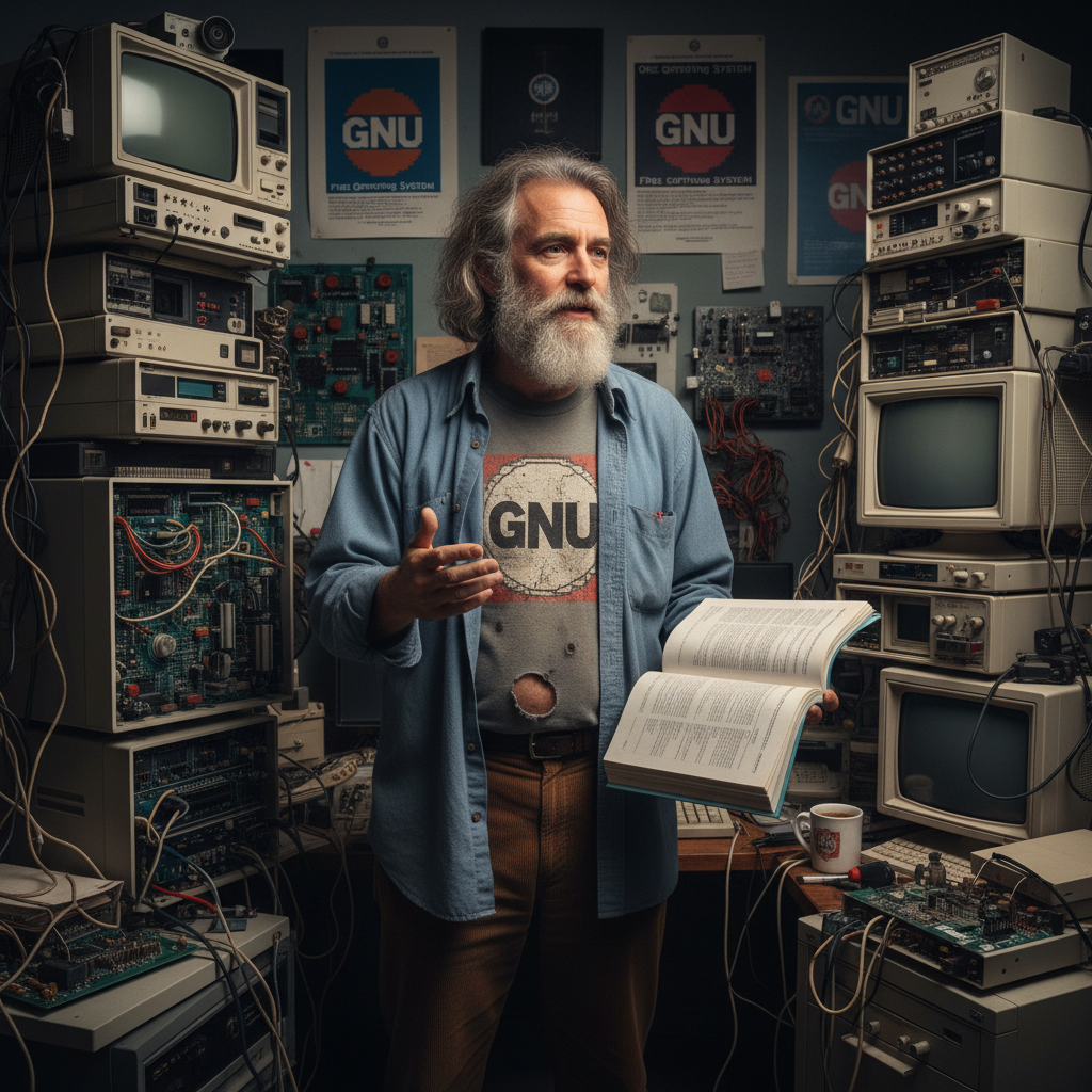 A bearded man wearing a GNU t-shirt stands in a room filled with vintage computer equipment while holding an open book.