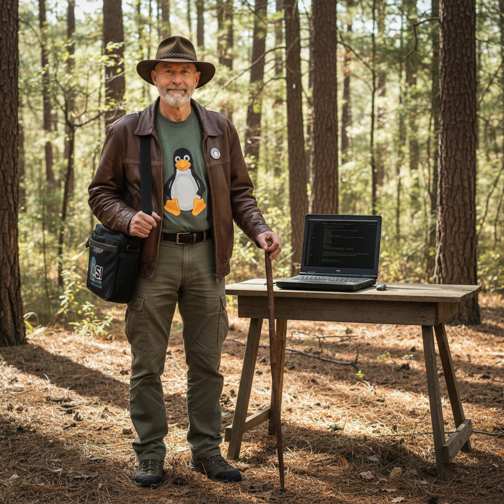 Eric Raymond with a hat and a Linux penguin t-shirt stands in a forest next to a wooden table with a laptop displaying code.