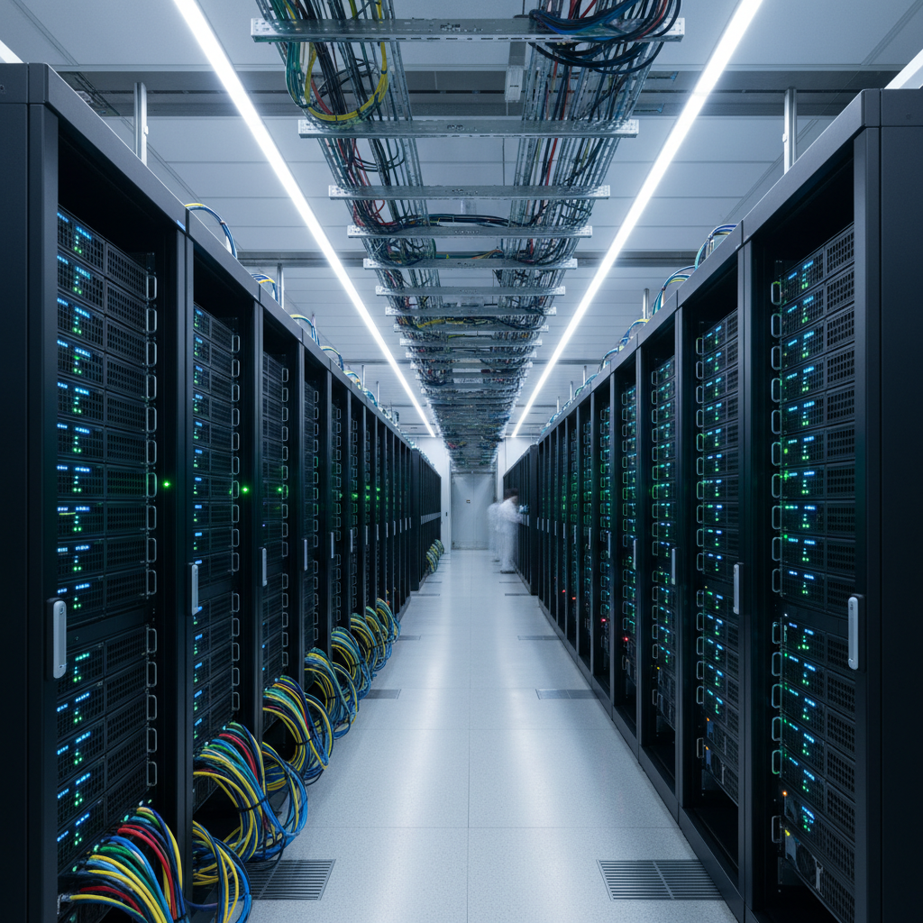 Rows of server racks with blinking green lights line a brightly lit data center aisle with overhead cable trays.