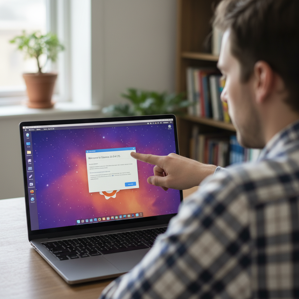 A person in a plaid shirt points at a welcome screen displayed on a laptop monitor in a home office.