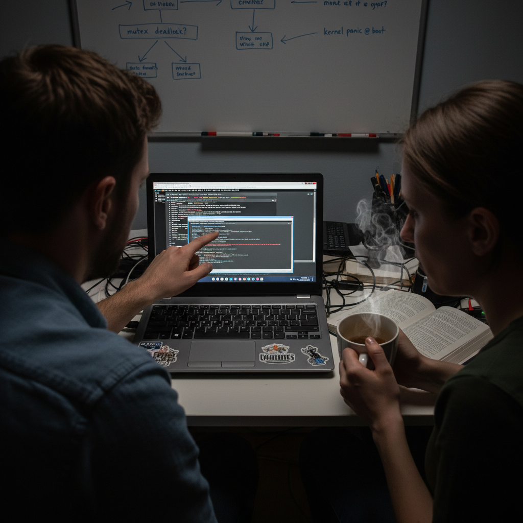 Two colleagues collaborate on computer code displayed on a laptop screen in a dimly lit office.