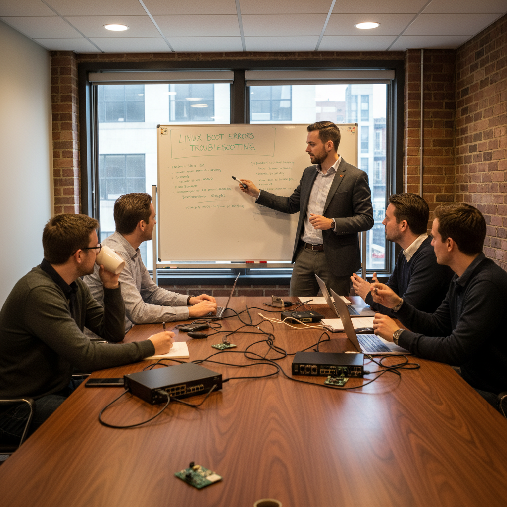 A man in a suit points to a whiteboard labeled "Linux Boot Errors" while leading a meeting with four colleagues around a conference table.