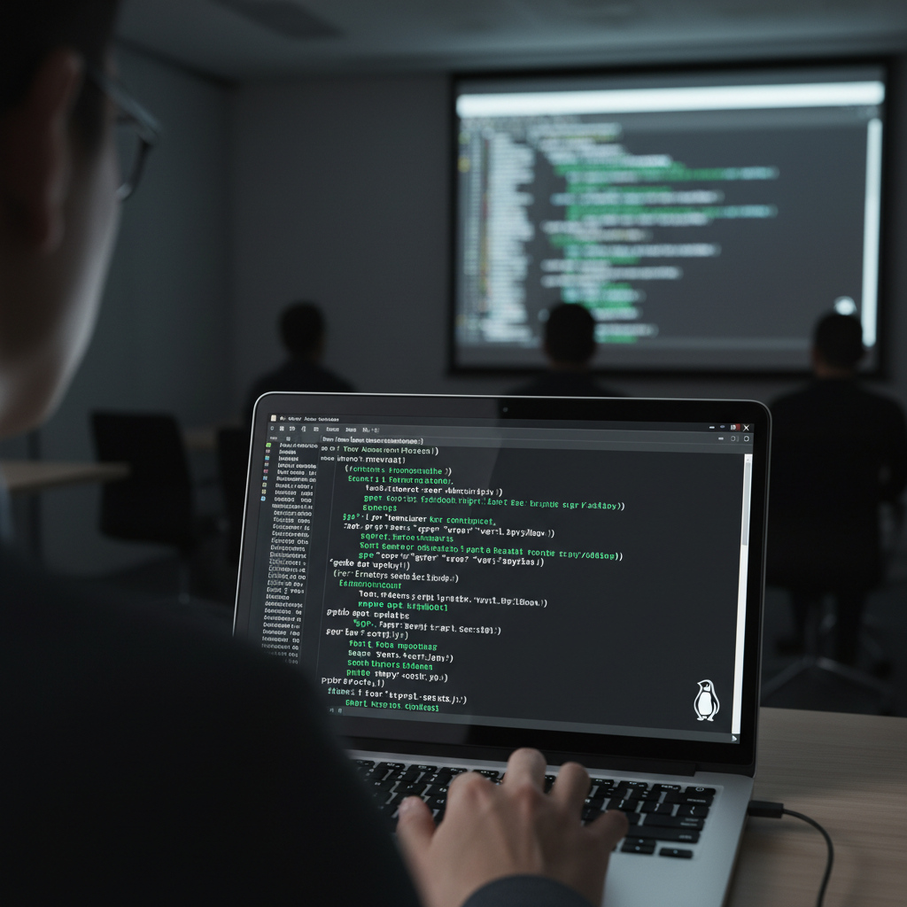 A software developer works on a laptop displaying code in a dimly lit office with a large screen showing similar code in the background.