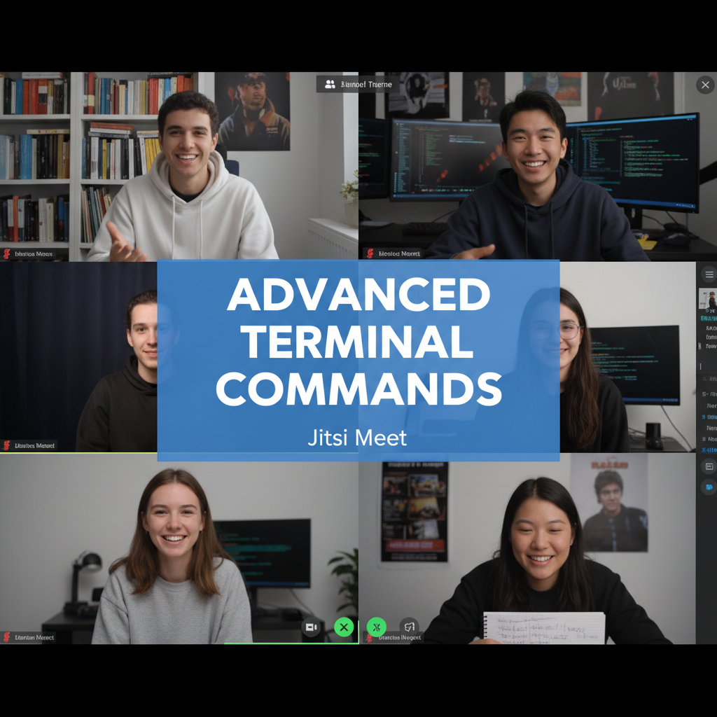 A Jitsi Meet video conference screen displays six participants with a central blue overlay titled Advanced Terminal Commands.