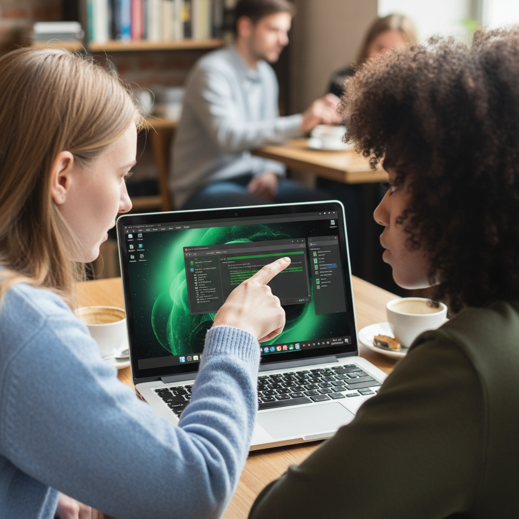 Two women sit at a cafe table looking at a laptop screen while one points at a software interface.