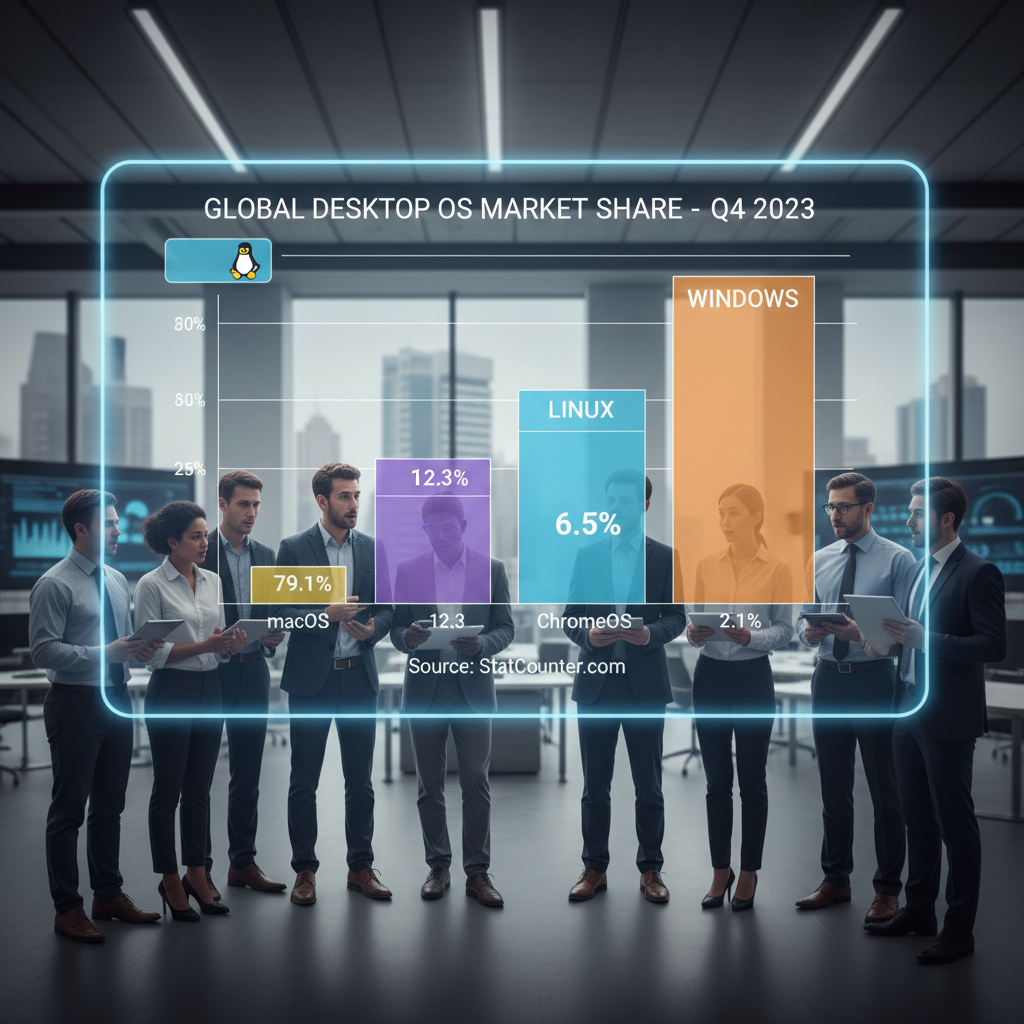 A group of business professionals in a modern office stand in front of a glowing digital bar chart that displays global desktop OS market share for Q4 2023.